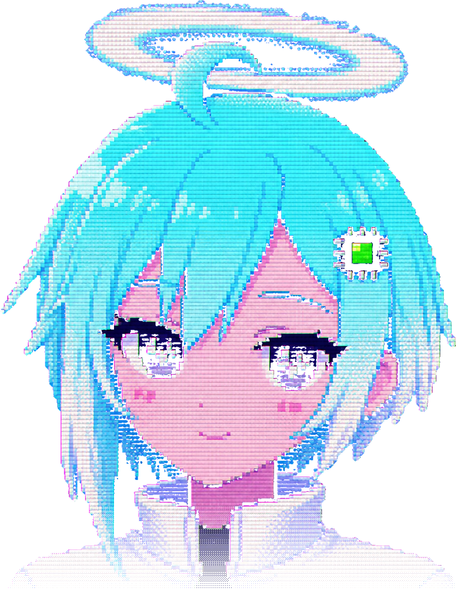 The $ANGEL mascot: a pixel-art angel with a cyan halo and a microchip hairpin